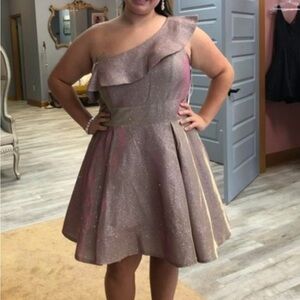 Mac Duggal One-Shoulder Shimmer Dress in Pink and Gold